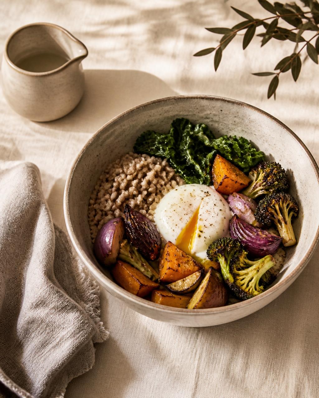 A nourishing bowl of grains, roasted vegetables, and greens with a soft egg, on warm linen